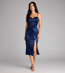 The Melody Satin Slit Midi Formal Dress is your new go-to navy blue dress—effortless, versatile, and made to update your fall style in seconds.