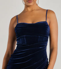 The Alice Corset Velvet Midi Formal Dress in navy blue features a flattering fit and mid-calf hem, redefining effortless midi dresses for any occasion.
