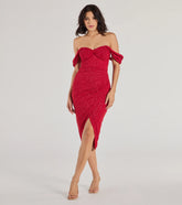 Feel instantly put-together in the Lennon Glitter Knit Off-The-Shoulder Midi Dress in red, a stylish wedding guest dress designed for confident style and all-out celebration.
