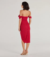 Flaunt your silhouette in the tight Lennon Glitter Knit Off-The-Shoulder Midi Dress in red, a bodycon dress that empowers your look with bold style and effortless edge.