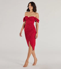 The Lennon Glitter Knit Off-The-Shoulder Midi Dress in red features a flattering fit and mid-calf hem, redefining effortless midi dresses for any occasion.