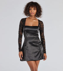 Own every entrance in the Liora Lace Sleeve Satin A-Line Mini Dress, a black party dress perfect for milestone birthdays and grad parties, or dancing through weekend nights and unforgettable bachelorette celebrations.