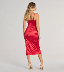The Kiley Cowl Neck Wrap Satin Midi Formal Dress in red features a flattering fit and mid-calf hem, redefining effortless midi dresses for any occasion.