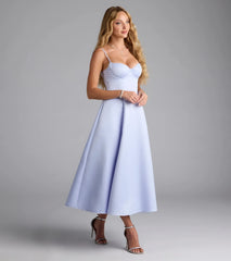 The Georgie Sweetheart A-Line Satin Midi Dress in light blue features a flattering fit and mid-calf hem, redefining effortless midi dresses for any occasion.