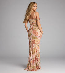 Style your seasonal looks with the Holly Floral Cold Shoulder Mermaid Formal Dress, a trend-right, taupe fall dress designed for any plan on your calendar with new and unqiue details.