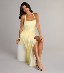 The Blake Mesh Halter Slit Ruffle Formal Dress is your new go-to Windsor dress—effortless, versatile, and made to update your fall style in seconds.