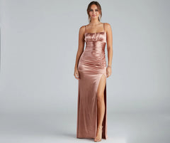 The elegant Brooklyn Satin Ruched Formal Dress is a copper satin bridesmaid dress crafted with luxe fabric, ideal for modern weddings and traditional bridal parties.