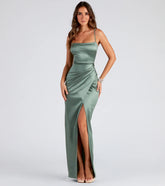 Feel instantly put-together in the Mayra Formal Satin Slit Long Dress in sage green, a fall wedding guest dress designed for confident style and all-out celebration.