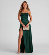 Feel instantly put-together in the Marissa Formal Satin Cowl Neck Dress in hunter green, a fall wedding guest dress designed for confident style and all-out celebration.