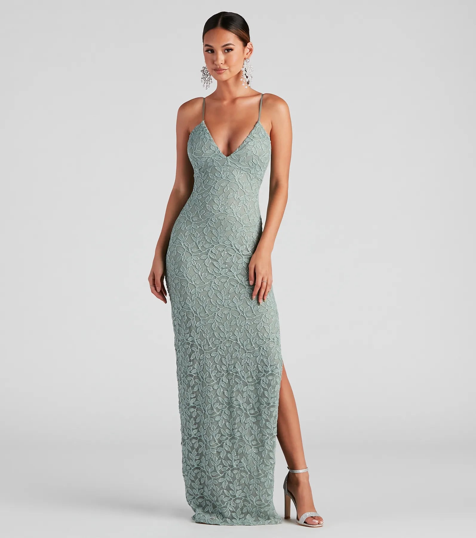 Feel instantly put-together in the Marylou Lace Mesh Plunge Neck Formal Dress in sage green, a stylish wedding guest dress designed for confident style and all-out celebration.