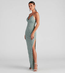 Celebrate in style with the Marylou Lace Mesh Plunge Neck Formal Dress, a sage green formal wedding guest dress featuring an elegant silhouette and luxe details, perfect for a black-tie celebration.