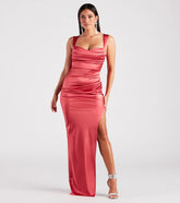Bring a fun and feminine vibe with the Kirsten Satin Cowl Neck High Slit Formal Dress, a scroll-stopping style from Windsor's pink homecoming dress collection that brings playful charm to every HOCO moment.
