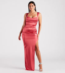 Bring a fun and feminine vibe with the Kirsten Satin Cowl Neck High Slit Formal Dress, a scroll-stopping style from Windsor's pink homecoming dress collection that brings playful charm to every HOCO moment.