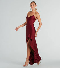 Make a bold statement in the Lainey Ruffled High Slit Long Formal Dress in burgundy, the perfect fall dress for weddings, cocktail hours, nights out, and/or seasonal celebrations.