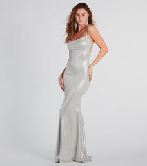 Celebrate in style with the Kate Formal Metallic Open Back Mermaid Dress, a silver formal wedding guest dress featuring an elegant silhouette and luxe details, perfect for a black-tie celebration.