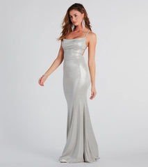 Feel instantly put-together in the Kate Formal Metallic Open Back Mermaid Dress in silver, a stylish wedding guest dress designed for confident style and all-out celebration.