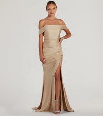 Turn heads at Prom 2025 in this gold prom dress, where statement-making details meet the iconic style of the Alicia Off-The-Shoulder Mermaid Formal Dress .