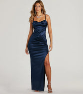 Feel instantly put-together in the Iliana Cowl Neck High Slit Satin Column Dress in navy blue, a fall wedding guest dress designed for confident style and all-out celebration.