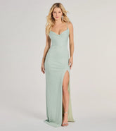 Turn heads at HOCO 2025 in this sage green homecoming dress, where statement-making details meet the iconic style of the Shelly High Slit Glitter Knit Formal Dress.