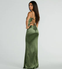 The Macy Lace Up Slim Glitter Satin Formal Dress in olive is a stunning green prom dress designed to capture attention with its fresh or bold color and effortlessly stylish silhouette.