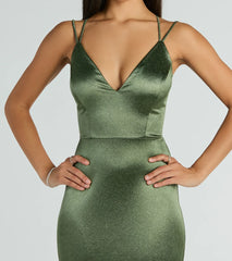 Make a bold statement in the Macy Lace Up Slim Glitter Satin Formal Dress in olive green, the perfect green dress for weddings, cocktail hours, nights out, and/or seasonal celebrations.