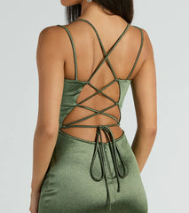The Macy Lace Up Slim Glitter Satin Formal Dress is your new go-to olive green dress—effortless, versatile, and made to update your fall style in seconds.