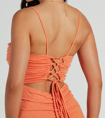 Whether it's the color or silhouette of the Colleen Lace Up Mermaid Glitter Formal Dress, this orange bridesmaid dress is a gorgeous pick for a maid-of-honor or to create a bridal party look ready to celebrate!