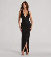 Turn heads at Prom 2025 in this black prom dress, where statement-making details meet the iconic style of the Olivia V-Neck Strappy Slim Glitter Formal Dress .