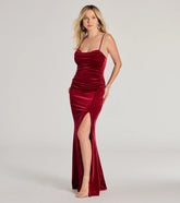 Celebrate in style with the Lizza Cowl Neck Slit Mermaid Velvet Formal Dress, a red formal wedding guest dress featuring an elegant silhouette and luxe details, perfect for a black-tie celebration.