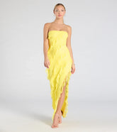 Feel instantly put-together in the Kellie Strapless Ruffled Slit Lace Formal Dress in yellow, a stylish wedding guest dress designed for confident style and all-out celebration.