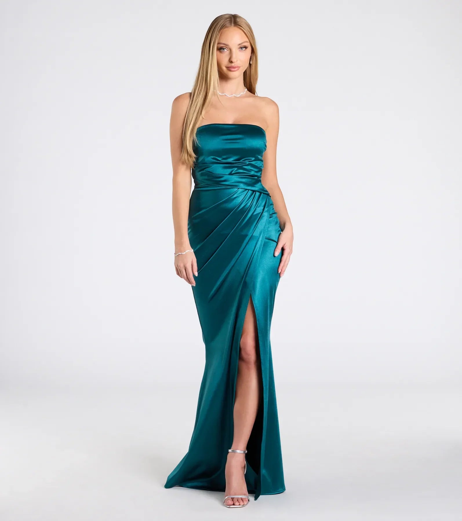 Feel instantly put-together in the Clea Satin Strapless Wrap Mermaid Dress in teal, a stylish wedding guest dress designed for confident style and all-out celebration.