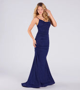 Feel instantly put-together in the Klarissa Cowl Neck Mermaid Glitter Formal Dress in navy blue, a stylish wedding guest dress designed for confident style and all-out celebration.
