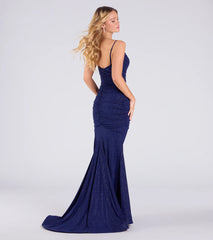 Make a bold statement in the Klarissa Cowl Neck Mermaid Glitter Formal Dress in navy blue, the perfect fall dress for weddings, cocktail hours, nights out, and/or seasonal celebrations.