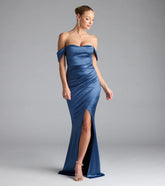 Feel instantly put-together in the Belinda Off-The-Shoulder Slit Satin Formal Dress in denim blue, a stylish wedding guest dress designed for confident style and all-out celebration.