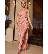 Make a bold statement in the Brie Strapless Ruffled Slit Column Dress in mauve, the perfect fall dress for weddings, cocktail hours, nights out, and/or seasonal celebrations.