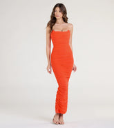 Feel instantly put-together in the Saisha Strapless Bodycon Mesh Formal Dress in orange, a stylish wedding guest dress designed for confident style and all-out celebration.