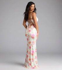 Own the spotlight in the Emely Lace-Up Mermaid Floral Satin Formal Dress, a pink formal dress crafted to deliver luxe style for autumn weddings, Military Balls, or any special event.