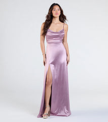 Feel instantly put-together in the Steffanie Tie-Back Slit A-Line Satin Formal Dress in lavender, a stylish wedding guest dress designed for confident style and all-out celebration.