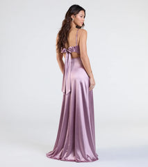 Make a bold statement in the Steffanie Tie Back Slit A-Line Satin Formal Dress in lavender, the perfect fall dress for weddings, cocktail hours, nights out, and/or seasonal celebrations.
