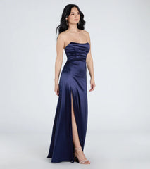 The Alison Strapless Slit A-Line Satin Formal Dress in luxe navy blue fabric, a stunning prom dress with statement details designed to make a bold impression at Prom 2025.