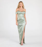 Feel instantly put-together in the Phoebe Off-The-Shoulder Lace-Up Satin Formal Dress in sage green, a stylish wedding guest dress designed for confident style and all-out celebration.