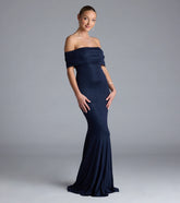 Feel instantly put-together in the Nastassia Off-The-Shoulder Mermaid Glitter Formal Dress in navy blue, a stylish wedding guest dress designed for confident style and all-out celebration.