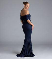 Turn heads at Prom 2025 in this navy blue prom dress, where statement-making details meet the iconic style of the Nastassia Off-The-Shoulder Mermaid Glitter Formal Dress.