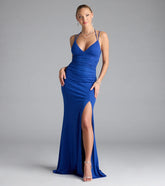 Feel instantly put-together in the Ariadna Strappy Open Back Slit Glitter Formal Dress in royal blue, a stylish wedding guest dress designed for confident style and all-out celebration.