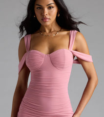 The Looking Fab Cold-Shoulder Ruched Bodycon Midi Dress in pink features a flattering fit and mid-calf hem, redefining effortless midi dresses for any occasion.