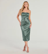 With its mid-calf hem and popular flattering fit, the Luxe Dream Strapless Satin Midi Dress in sage green nails the balance of trend and ease, redefining go-to midi dresses for any occasion.