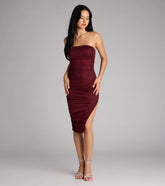 Steal the spotlight in the Shimmering Allure Glitter Tube Midi Dress in wine, a fiery pick from the red homecoming dresses collection designed for bold entrances.