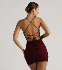 Flaunt your silhouette in the tight Mood Forever Mesh Lace-Up Mini Dress in wine, a bodycon dress that empowers your look with bold style and effortless edge.