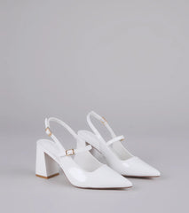 Style made simple with the Point Made Buckle Strap Sling-Back Pumps in white, trendy women’s shoes that take your outfit from basic to bold in one step.