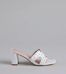 Elevate warm-weather looks with Playful Poise Pearl Block Heel Mules in white, a pair of trendy sandals bringing chic, modern flair to every step.